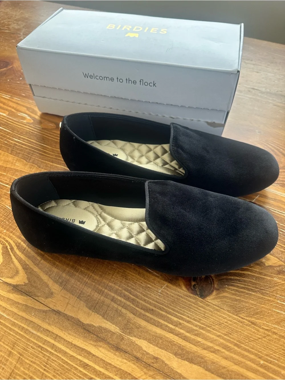Birdies Black Velvet Quilted-Insole Slip-On Loafers